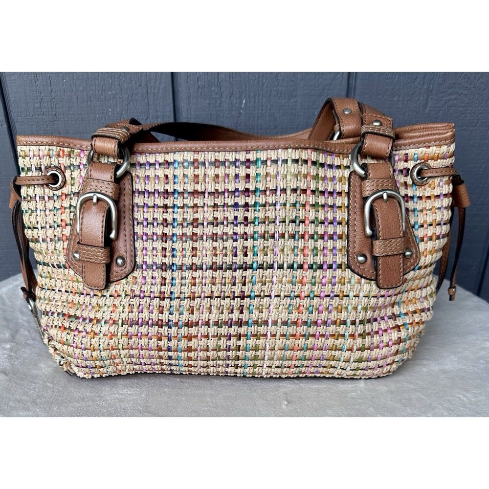 Fossil Genuine Classic 1954 Woven Straw Satchel Bag Multicolor Brown Leather